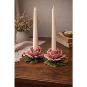 Vintage Pair Capodimonte Ceramic Pink Rose Candle Taper Candle Holder Italy